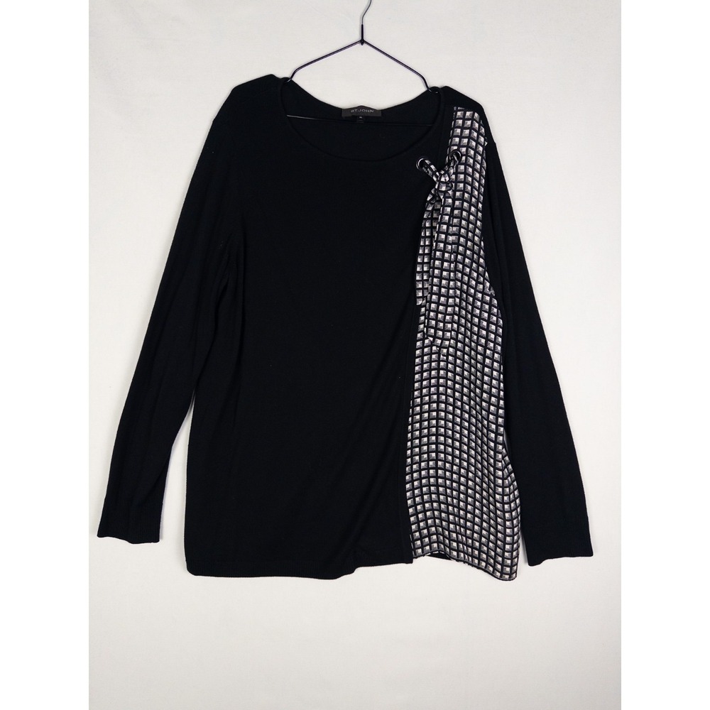 ST John‎ Sweater Womens XL Black Color Block Cashmere Blend Strap Pullover